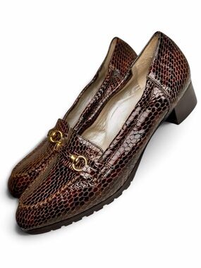 Alexandria Made in Italy Leather Horsebit Loafers Brown Embossed Womens 7